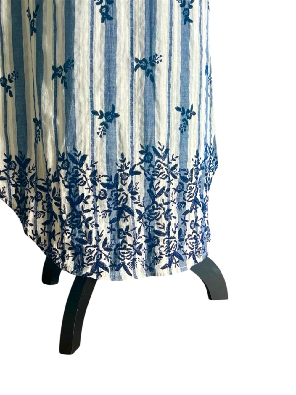 Boho Chic Embroidered Cotton Striped Appliqué Midi Dress Blue and Ivory Size S - Picture 9 of 12
